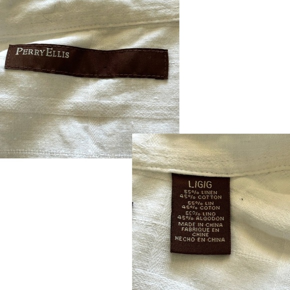 Perry Ellis Men’s Classic White Short Sleeve Shirt in Linen/Cotton Blend Size L - Picture 12 of 15